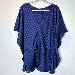 Lauren Ralph Lauren Kaftan L/XL Kimono Sleeve Satin Chevron Blue V-Neck Blouse